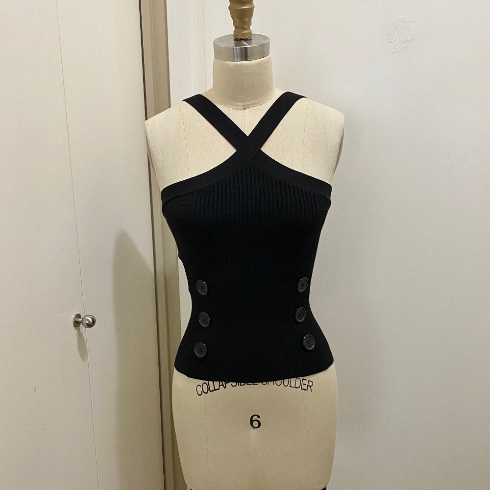 Bebe Cross Front Silk Sweater Tank Top Black S